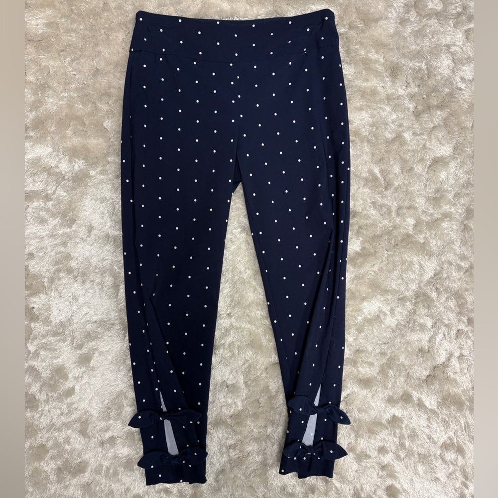 Crown & Ivy Pull-on Spandex Capris Navy w/ White Polka Dots, Bow Details